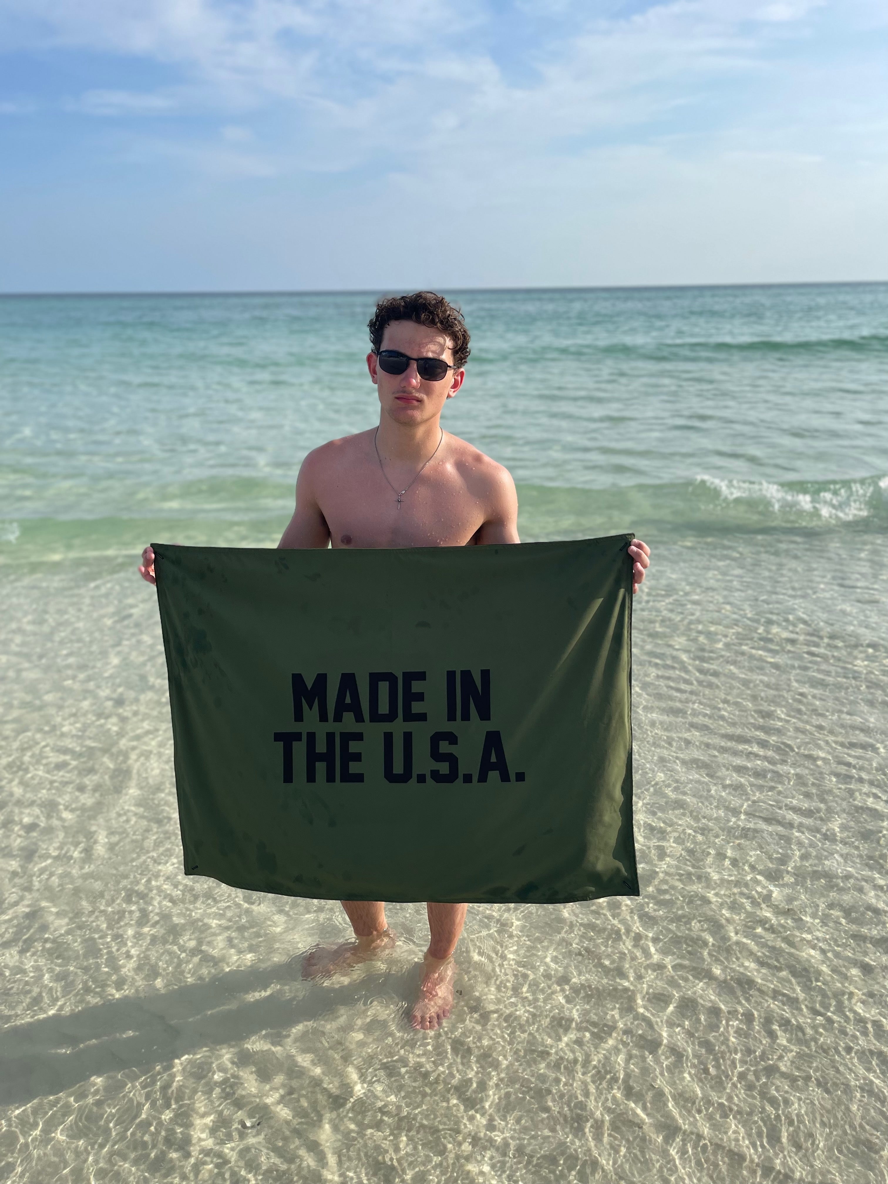 Made In The U.S.A. garage banner, o.d. green