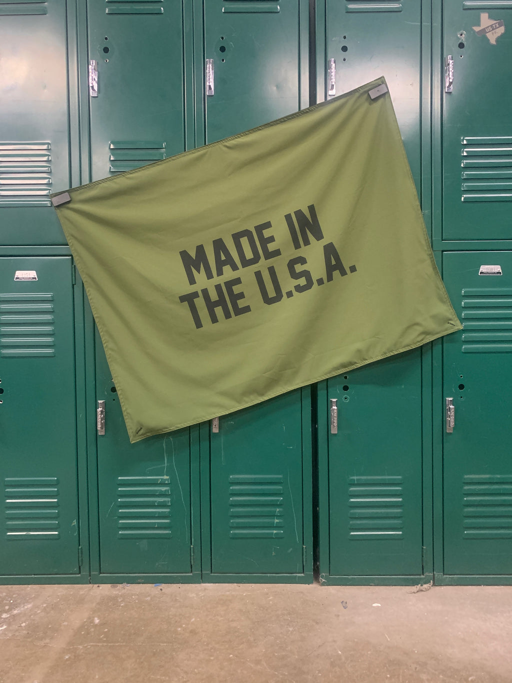 Made In The U.S.A. garage banner, o.d. green