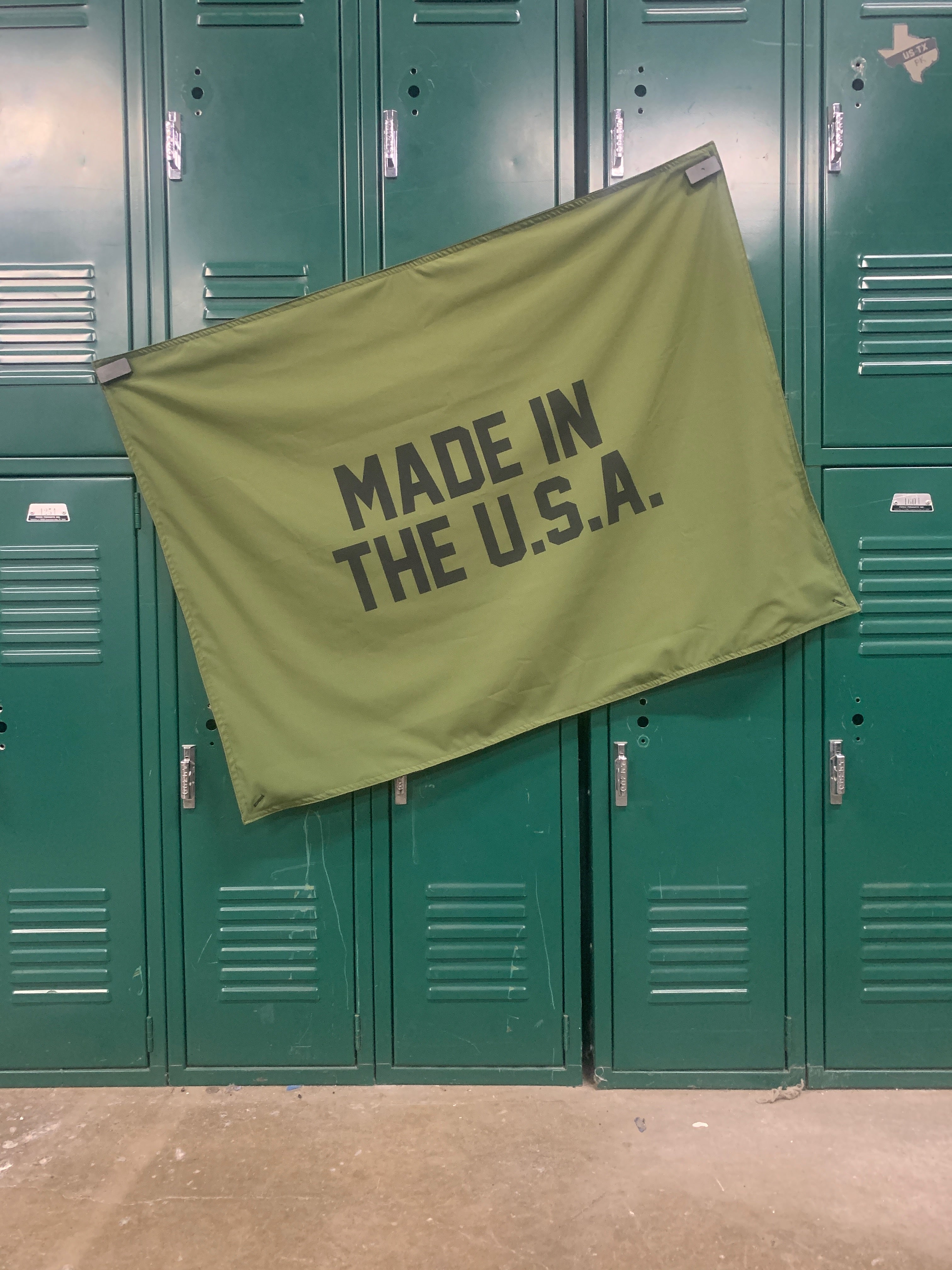 Made In The U.S.A. garage banner, o.d. green