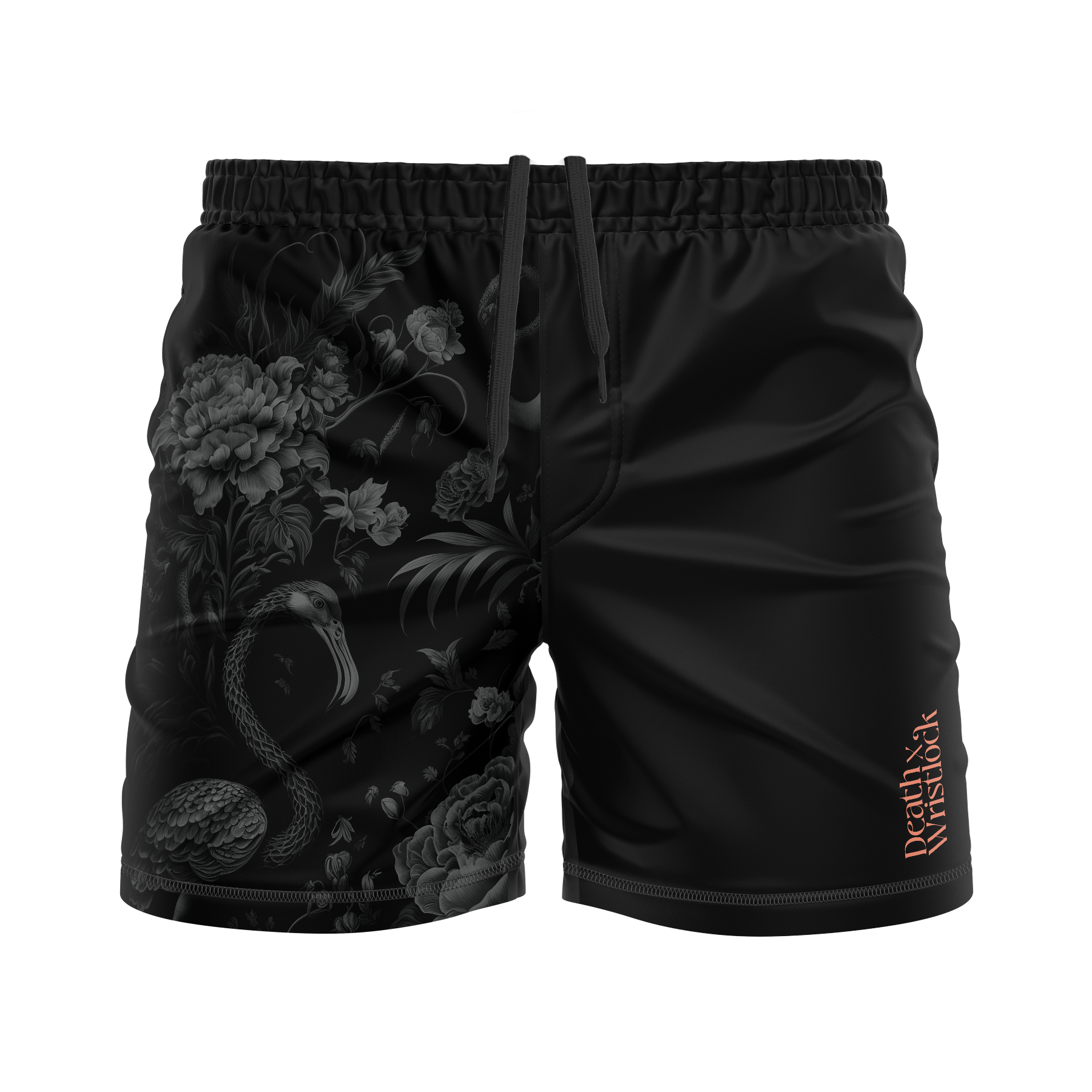 Men's black training shorts with pockets, featuring a floral and fruit pattern and a brand logo on the bottom right.