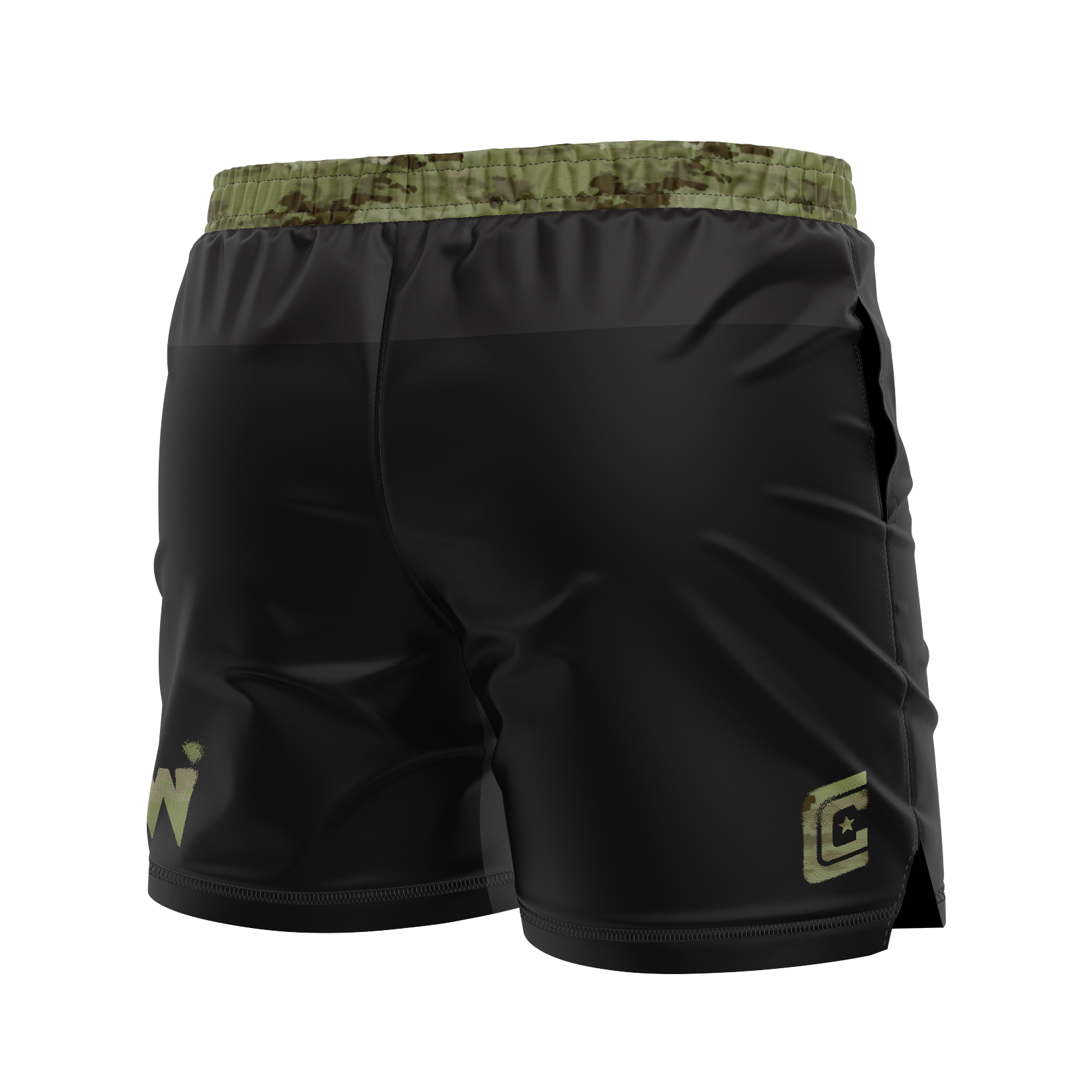 Black shorts with green camouflage waistband on a white background