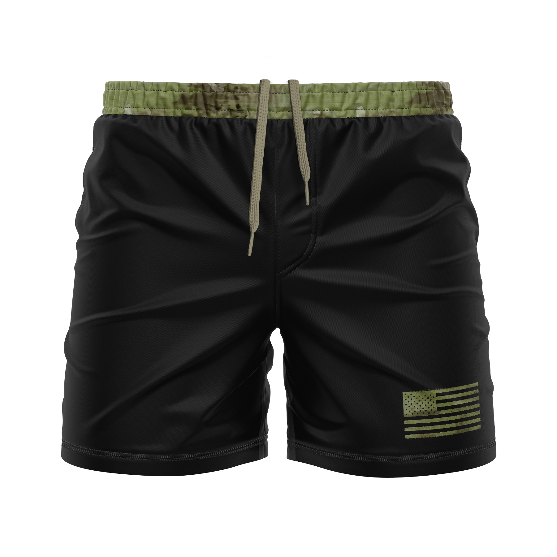 Black shorts with a green flag patch and camouflage waistband on a white background