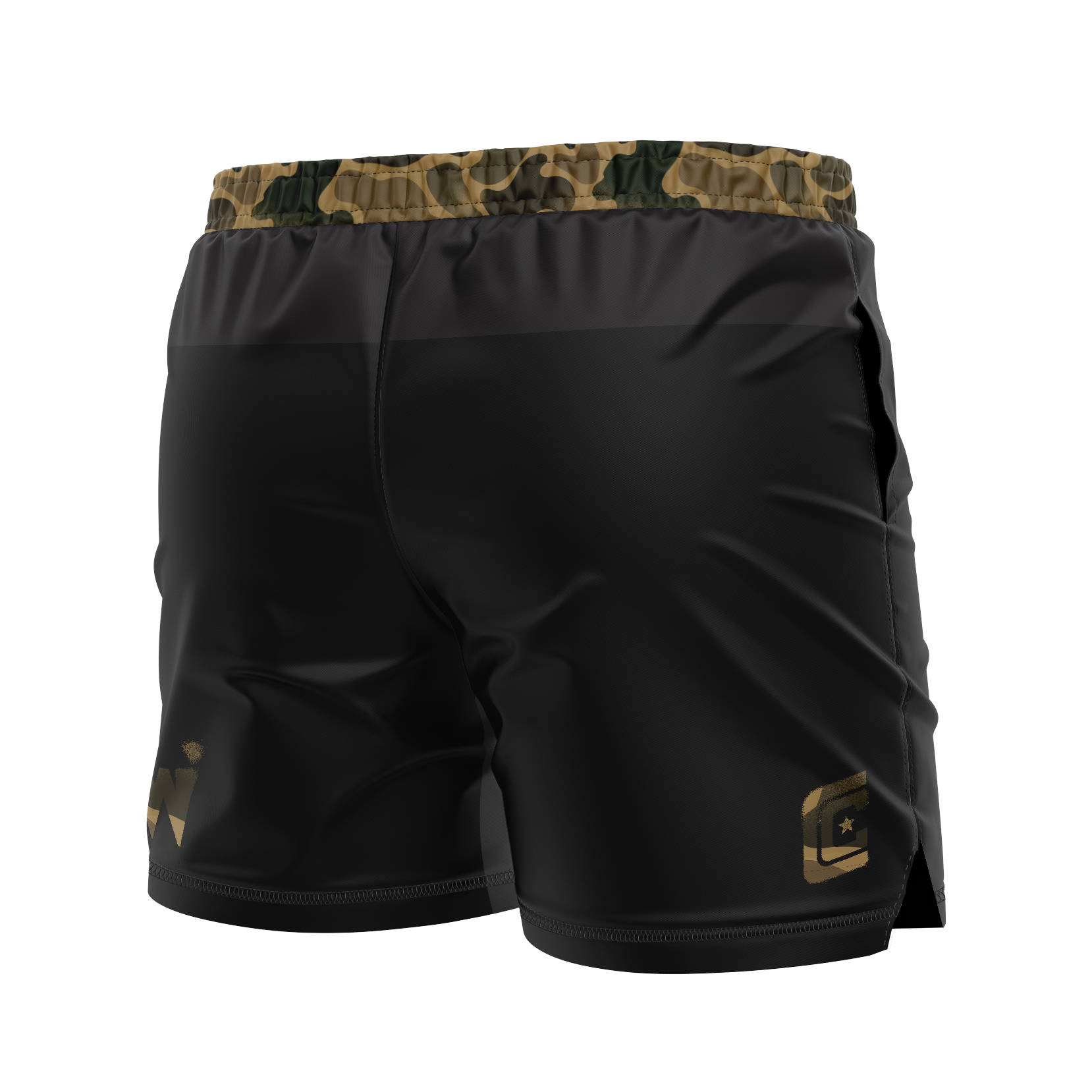 Black athletic shorts with camouflage waistband and logo on a white background