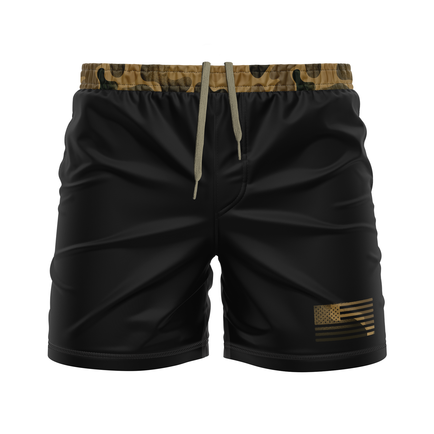 Black shorts with a gold waistband and small flag design on a white background