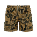 Camouflage shorts with 'DXW' branding on a white background
