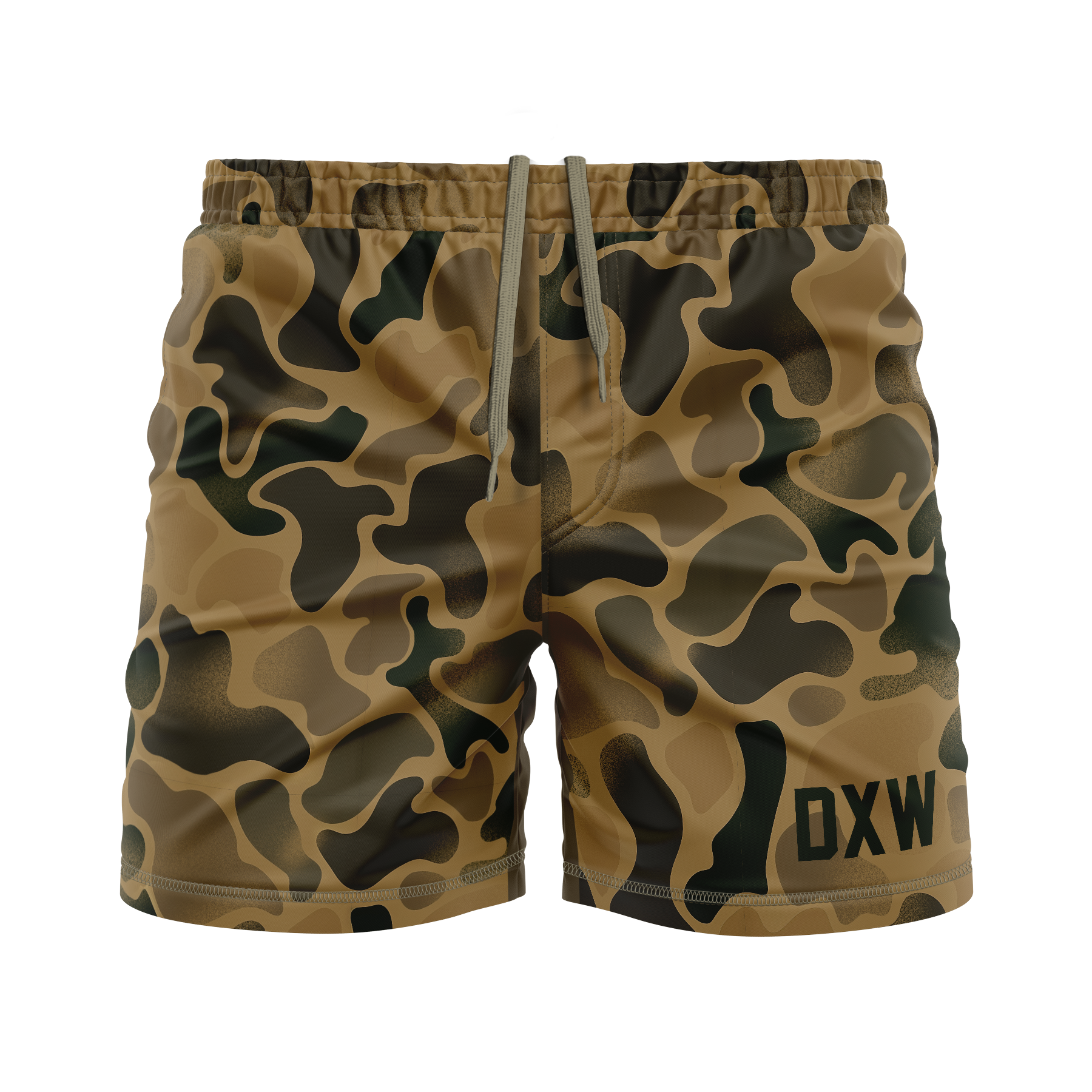Camouflage shorts with 'DXW' branding on a white background