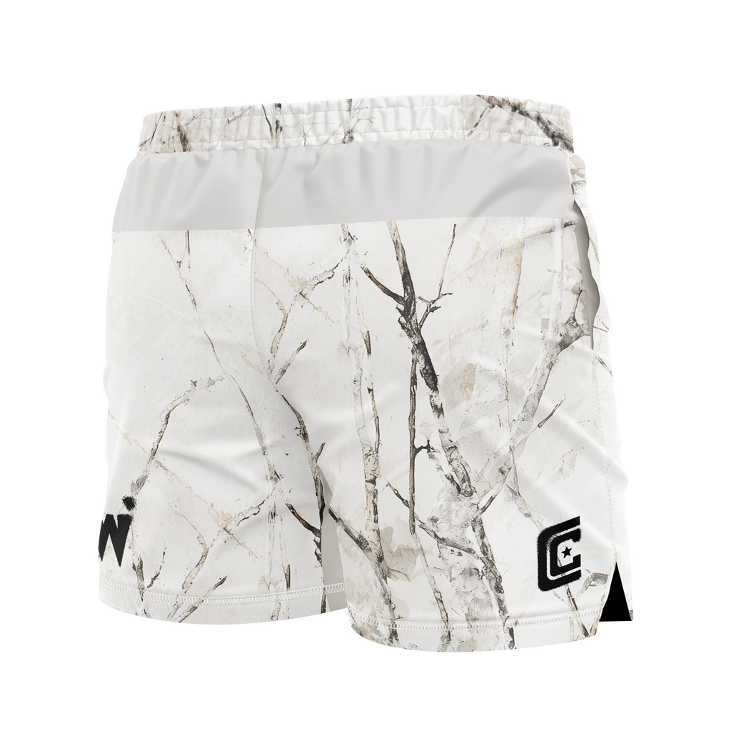 Marble-patterned shorts with a logo on a white background