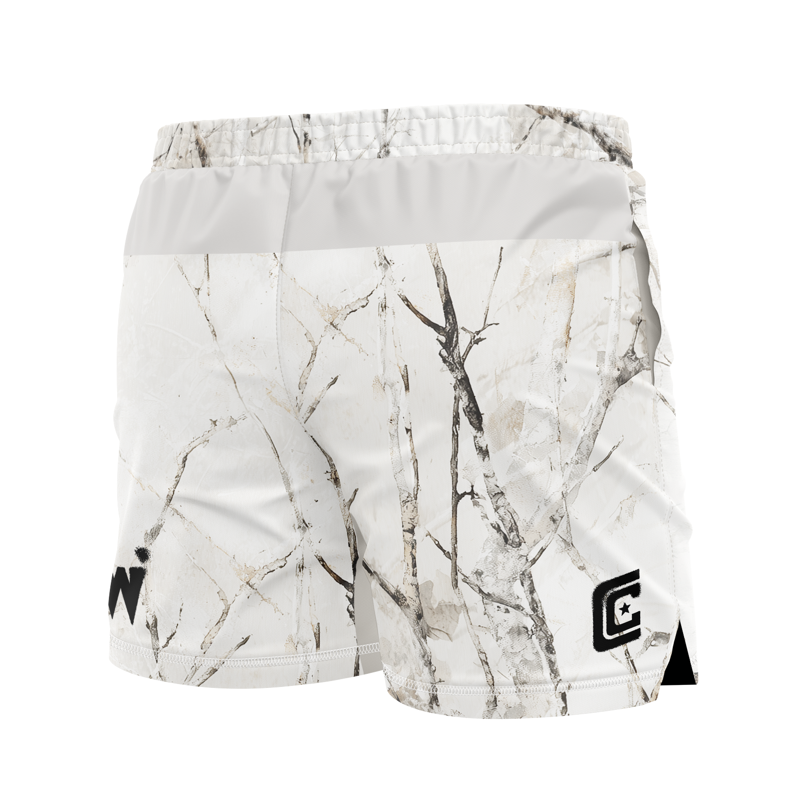 Marble-patterned shorts with a logo on a white background