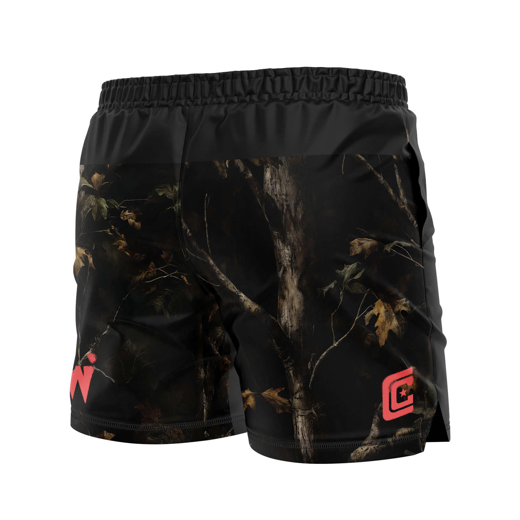 Black camouflage shorts with red logos on a white background