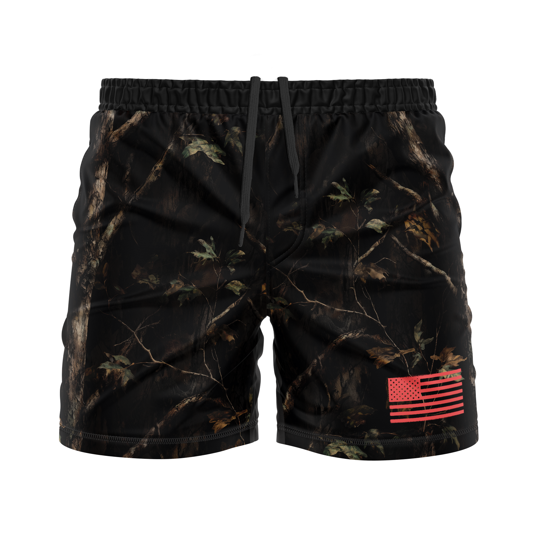 Camouflage shorts with a red flag patch on a white background
