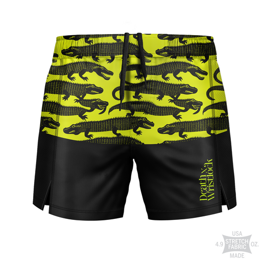 Death by Wristlock: Gator Roll men's fight shorts, yellow and black