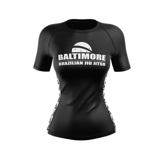 Baltimore BJJ women's light rash guard BBJJ, white on black