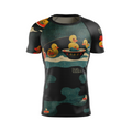 T-shirt with a unique design featuring ducks and abstract patterns on a white background