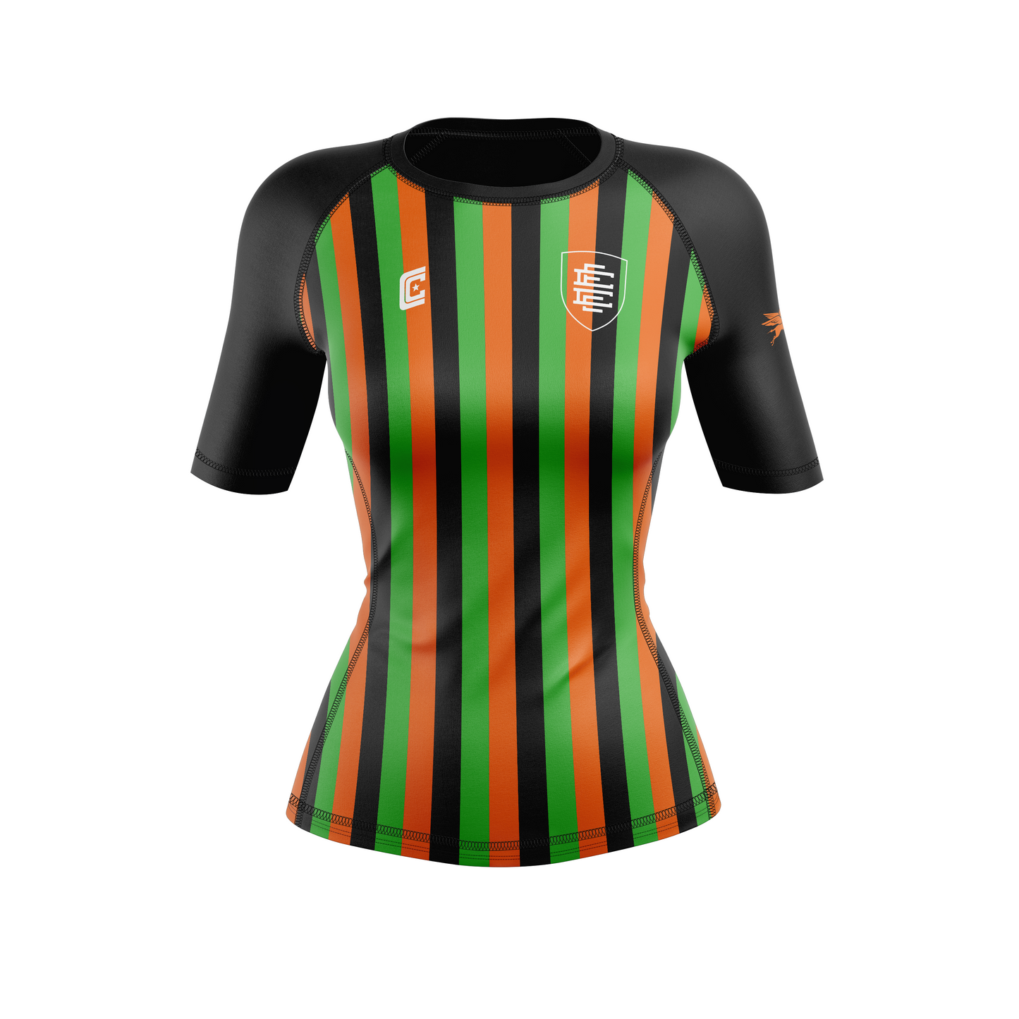 CCFC women's rash guard Golciaga United, black orange and green