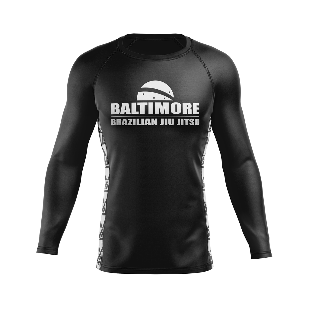 Baltimore BJJ men's rash guard BBJJ, white on black