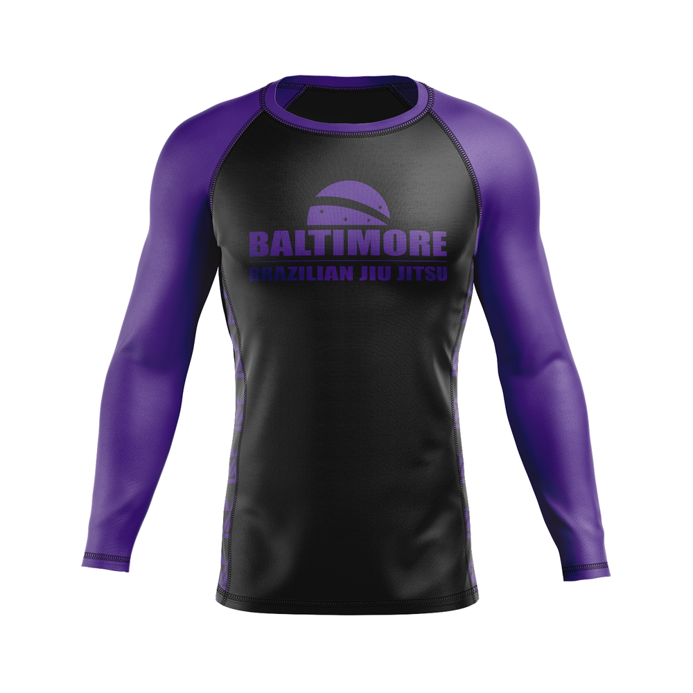 Baltimore BJJ men's rash guard Ranked, black and purple