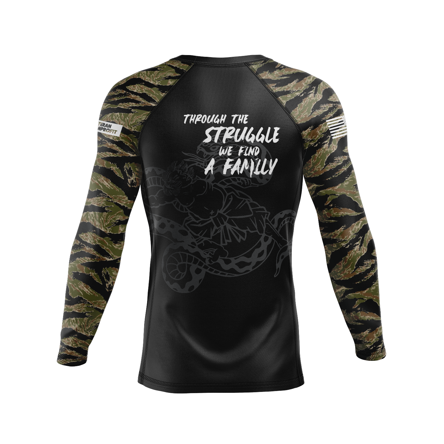 Veteran Bushido Brotherhood men's rash guard Standard Issue, black and tiger camo