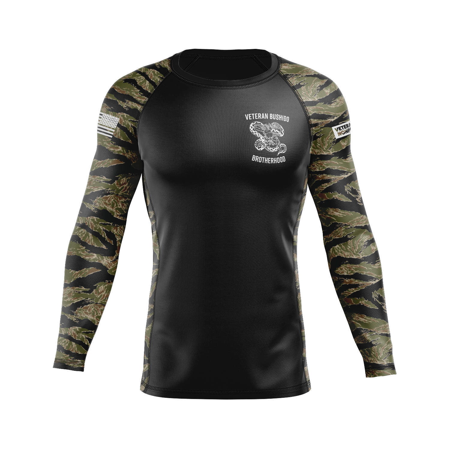 Veteran Bushido Brotherhood men's rash guard Standard Issue, black and tiger camo