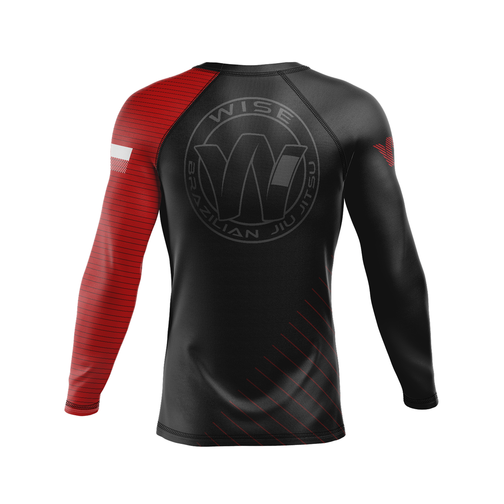 Wise Jiu Jitsu men's rash guard Ranked, black and red