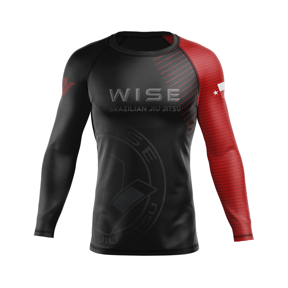 Wise Jiu Jitsu men's rash guard Ranked, black and red