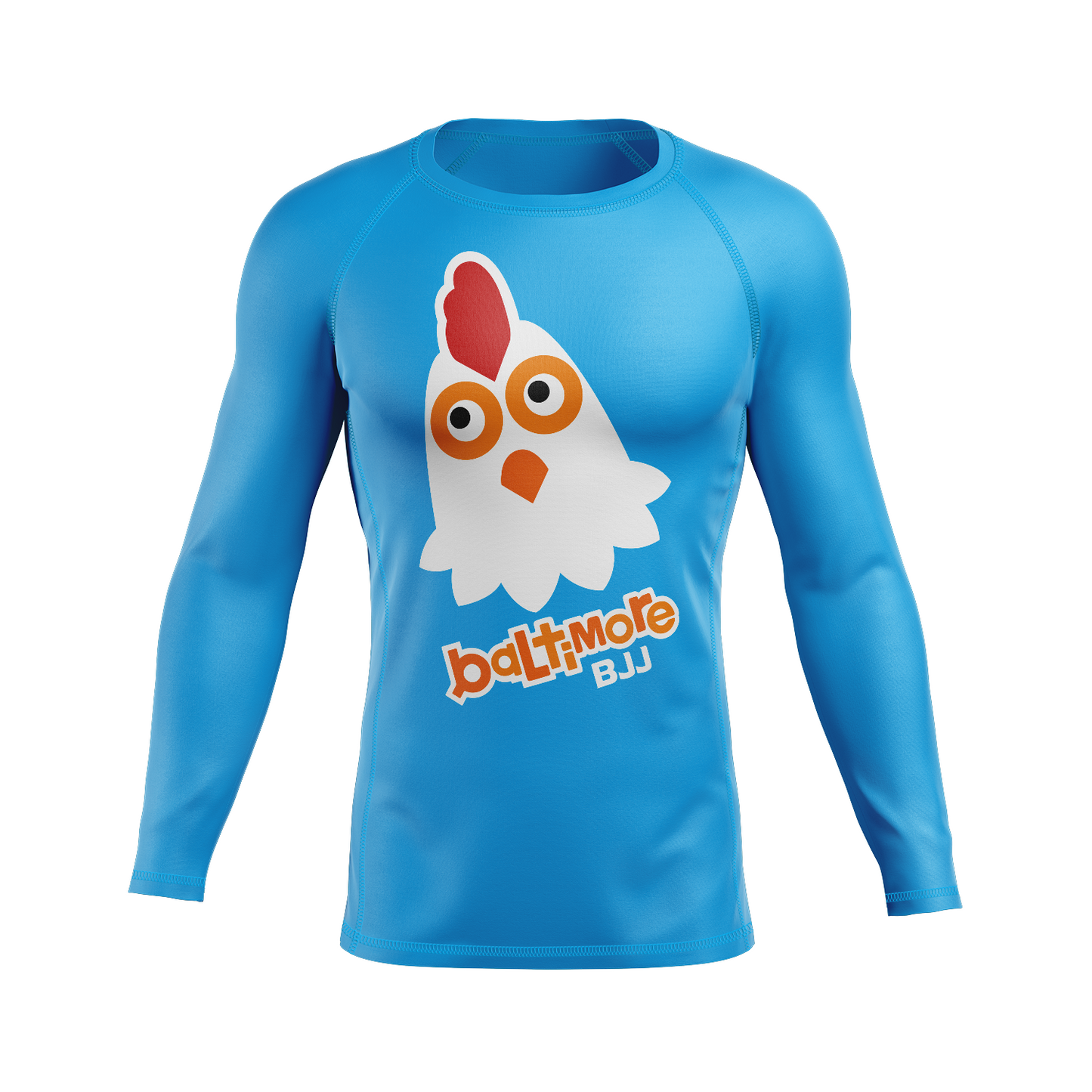 Baltimore BJJ men's rash guard Chicken, neon blue