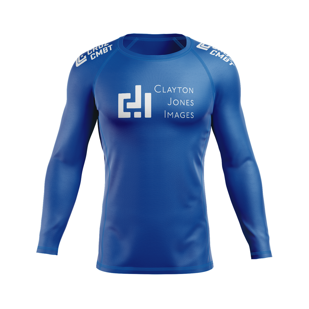 Clayton Jones Images men's rash guard Standard Issue, white on blue