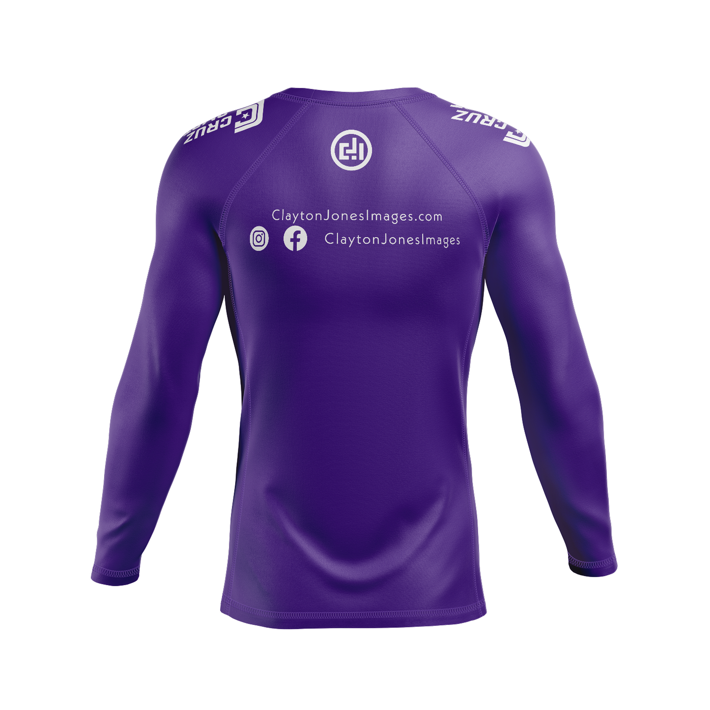 Clayton Jones Images men's rash guard Standard Issue, white on purple