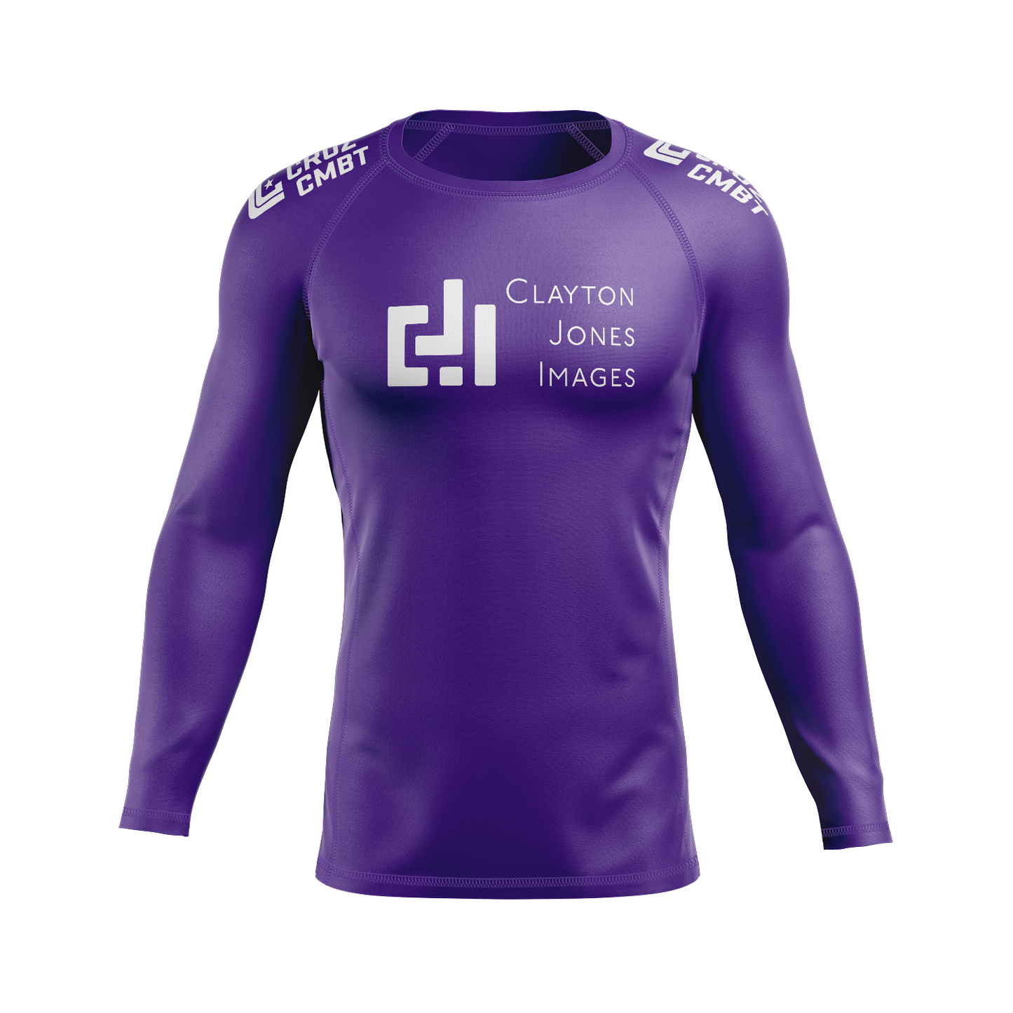 Clayton Jones Images men's rash guard Standard Issue, white on purple