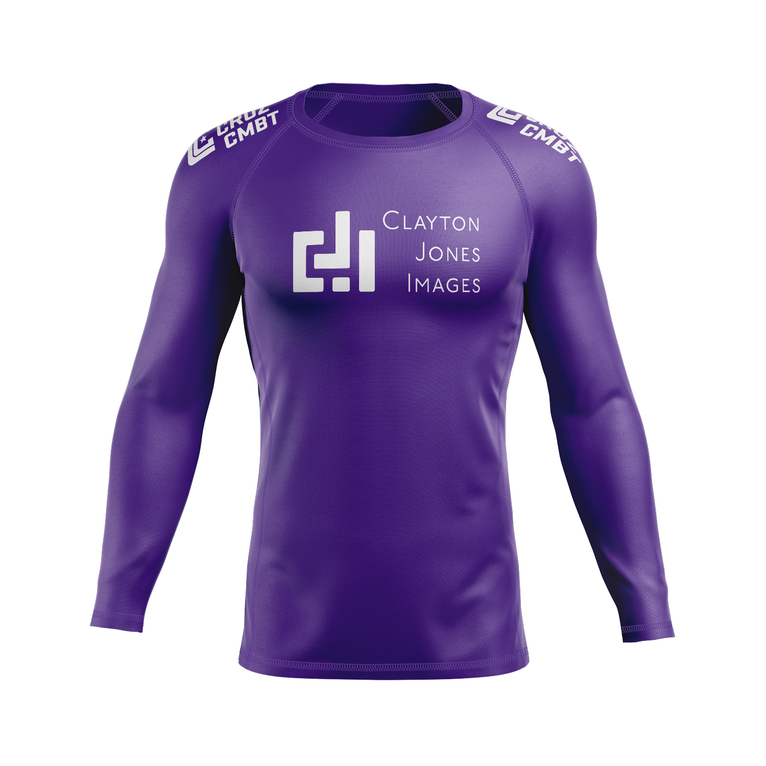 Clayton Jones Images men's rash guard Standard Issue, white on purple