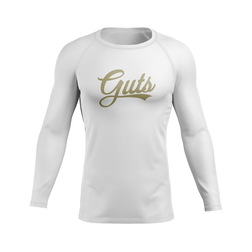Guts Ranked men's rash guard, gold on white