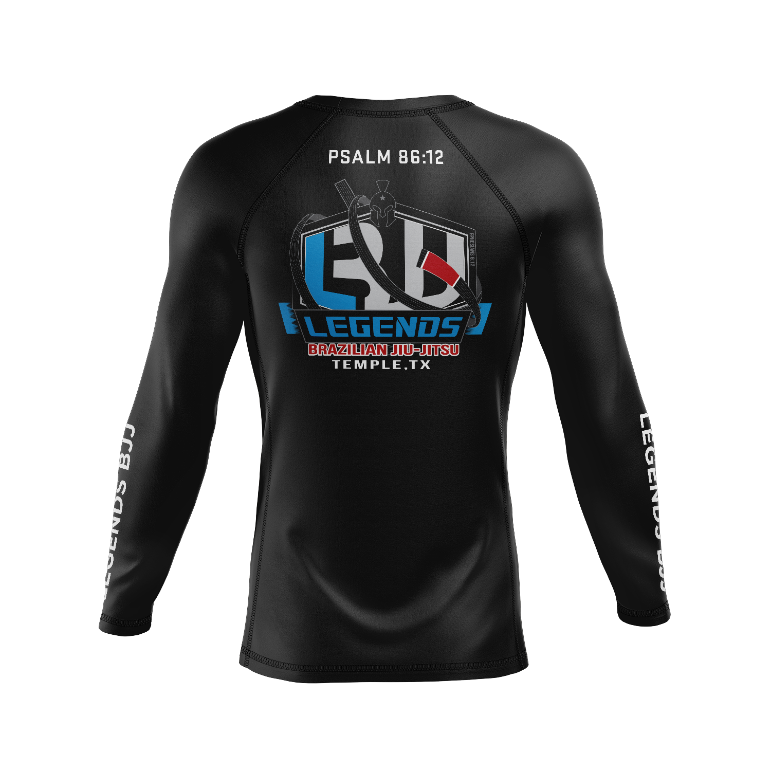 Legends BJJ men's rash guard PSALM 86:12, black