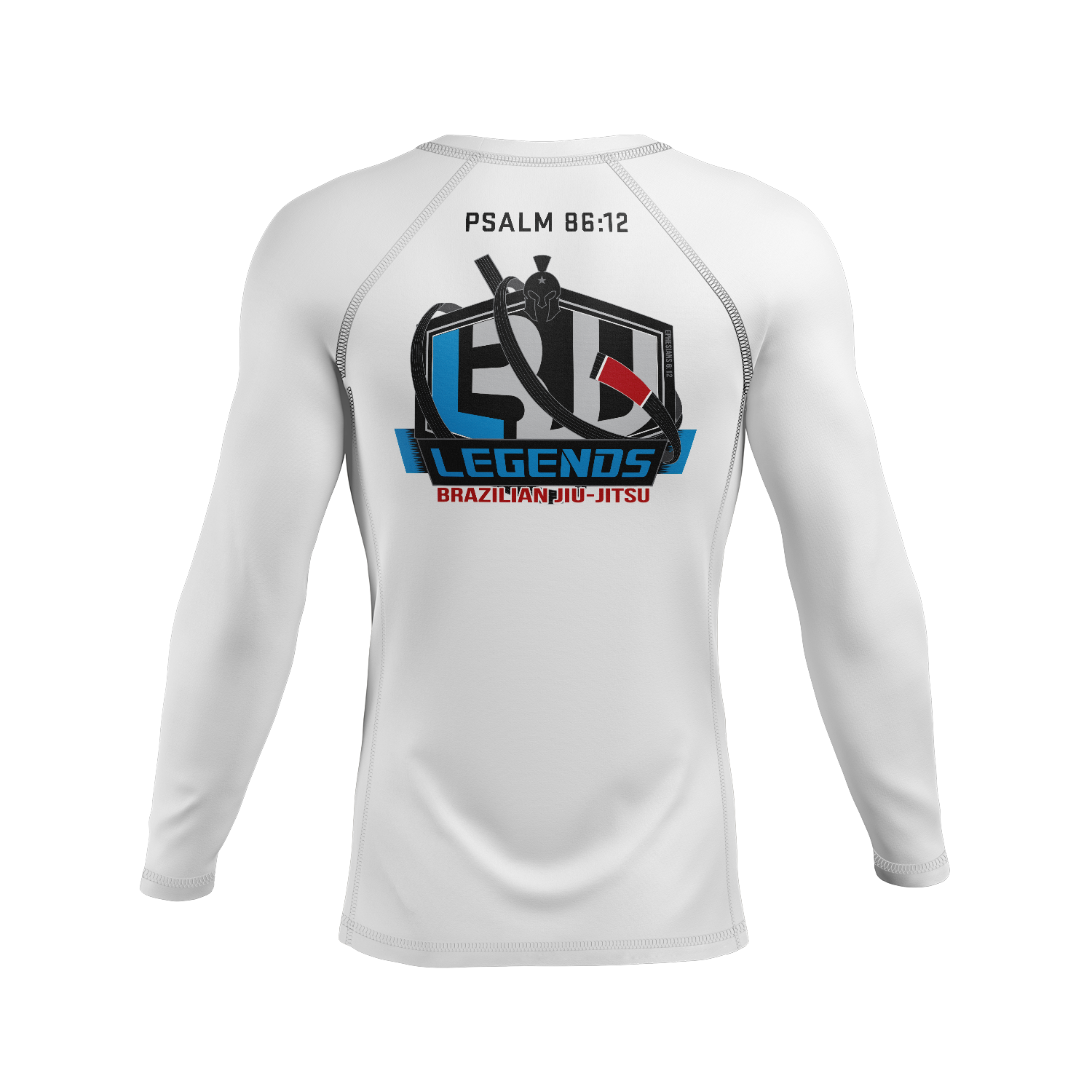 Legends BJJ men's rash guard PSALM 86:12, white