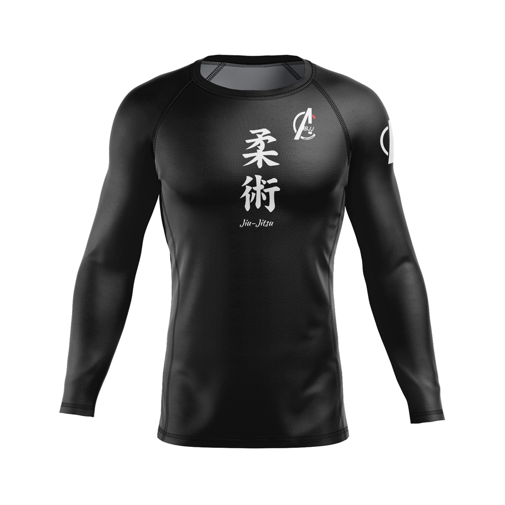 Black long-sleeve athletic shirt with white text on a white background