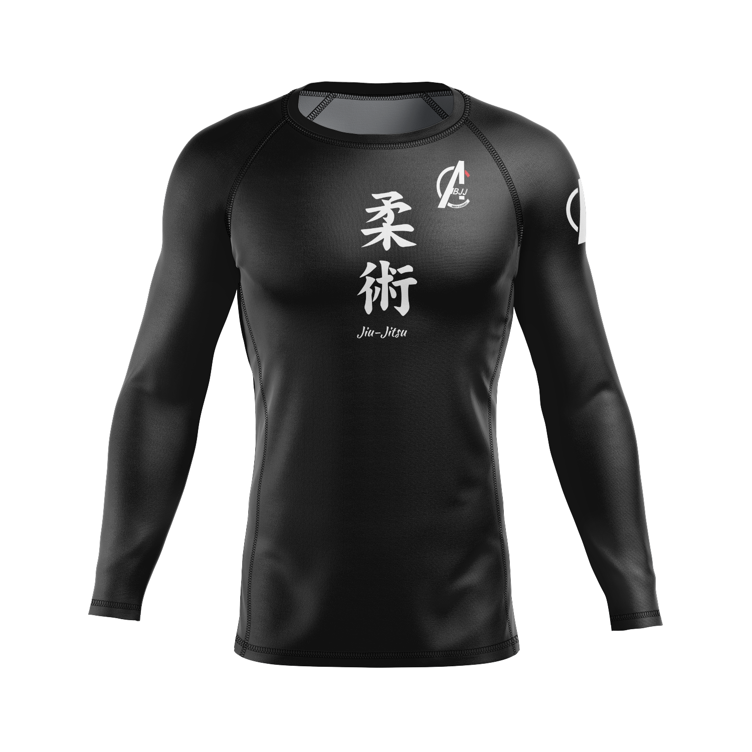 Black long-sleeve athletic shirt with white text on a white background