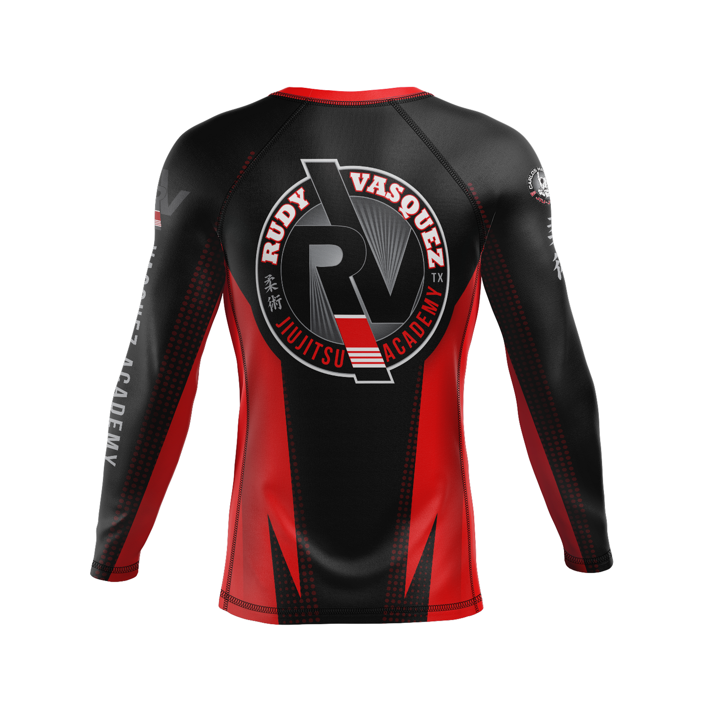 Vasquez Academy men's rash guard Staple Ranked, black and true red