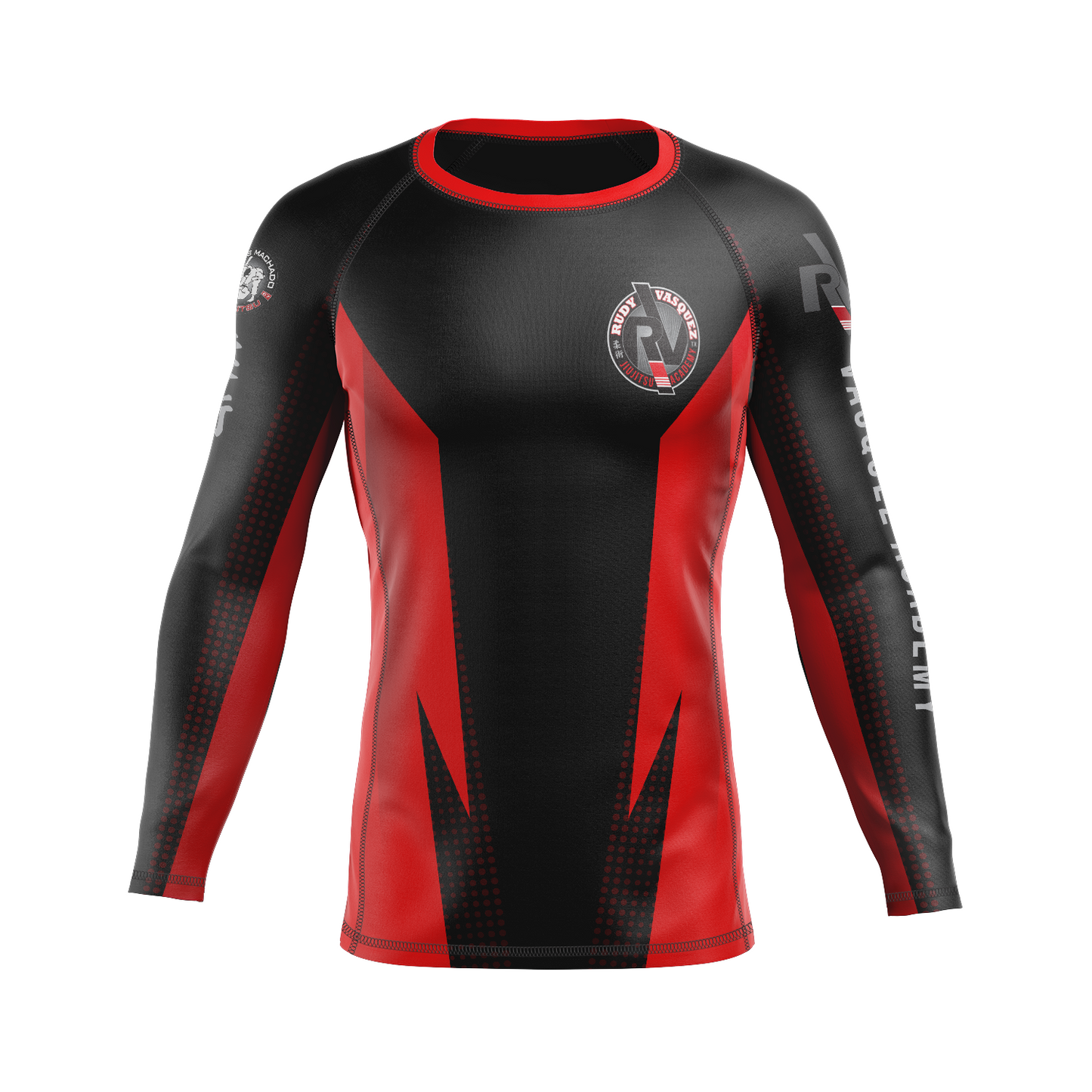 Vasquez Academy men's rash guard Staple Ranked, black and true red