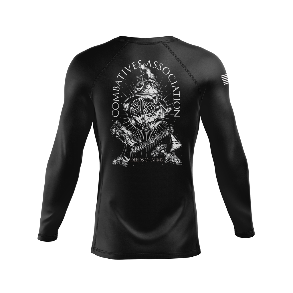 Deeds of Arms men's rash guard Deeds of Arms, white on black