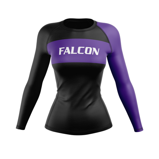 Falcon BJJ women's rash guard Standard Issue, black and purple