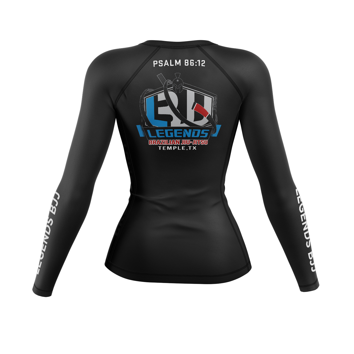 Legends BJJ women's rash guard PSALM 86:12, black