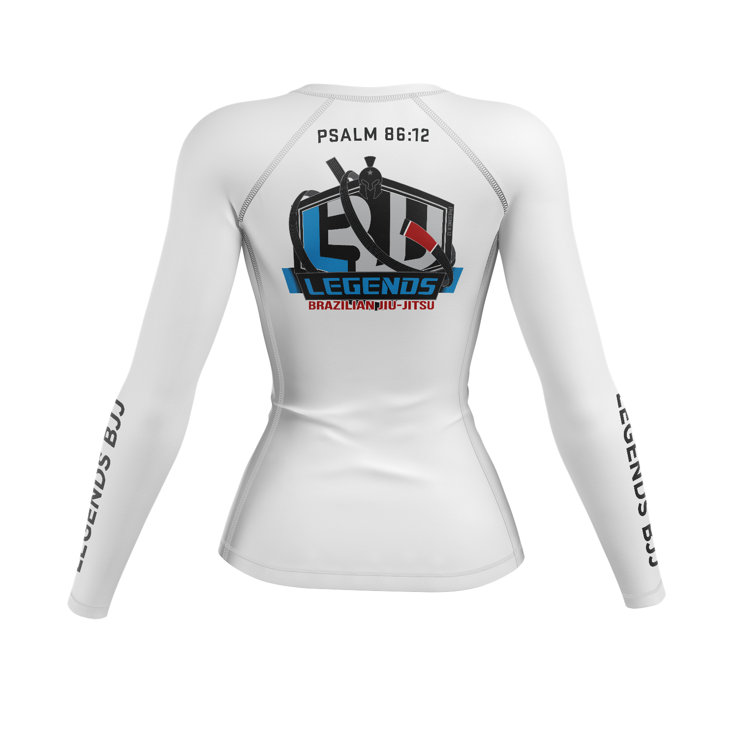 Legends BJJ women's rash guard PSALM 86:12, white