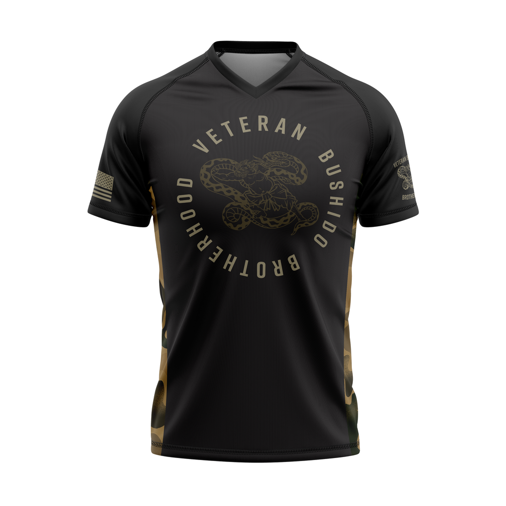 Black t-shirt with 'Veteran Bushido Brotherhood' design on a white background