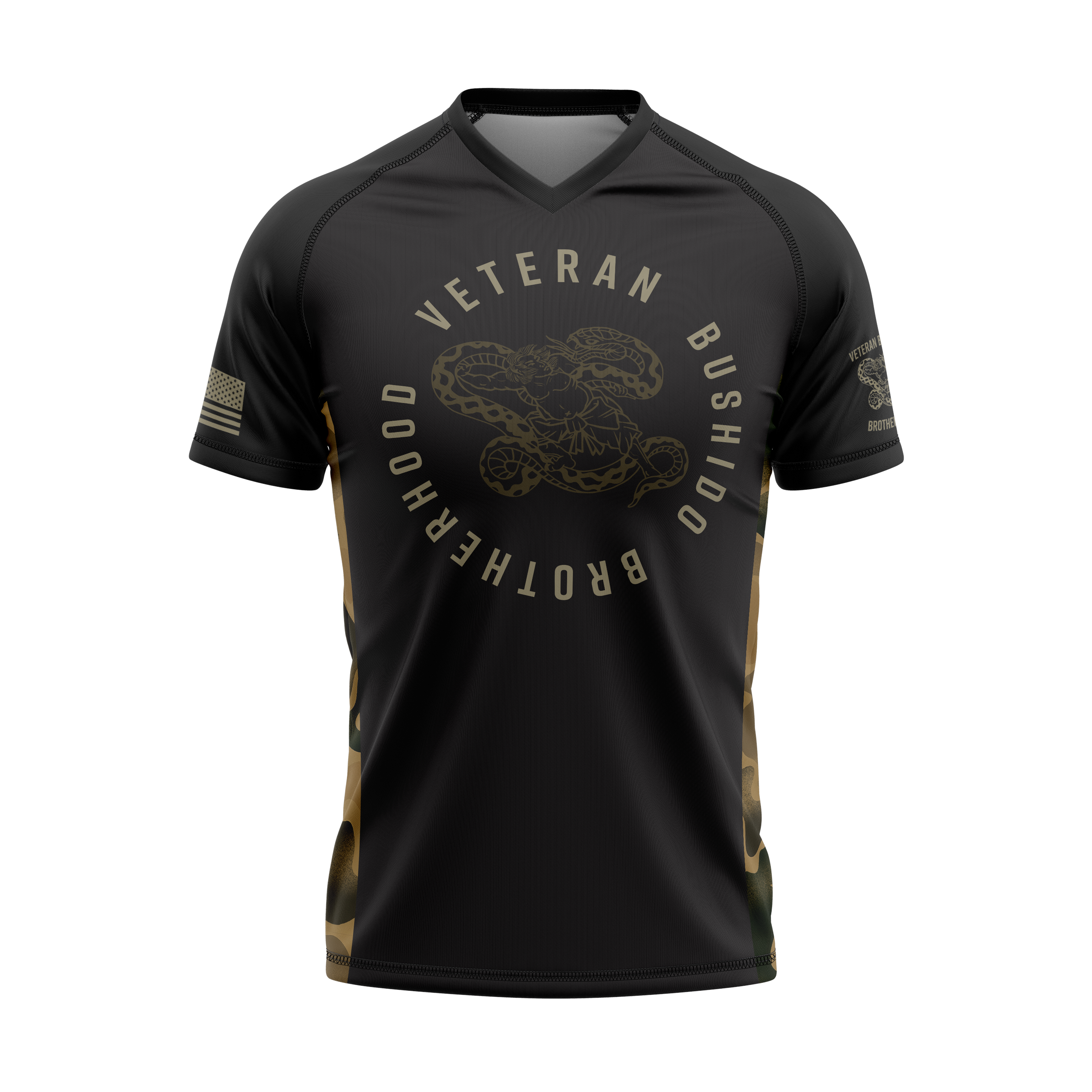 Black t-shirt with 'Veteran Bushido Brotherhood' design on a white background