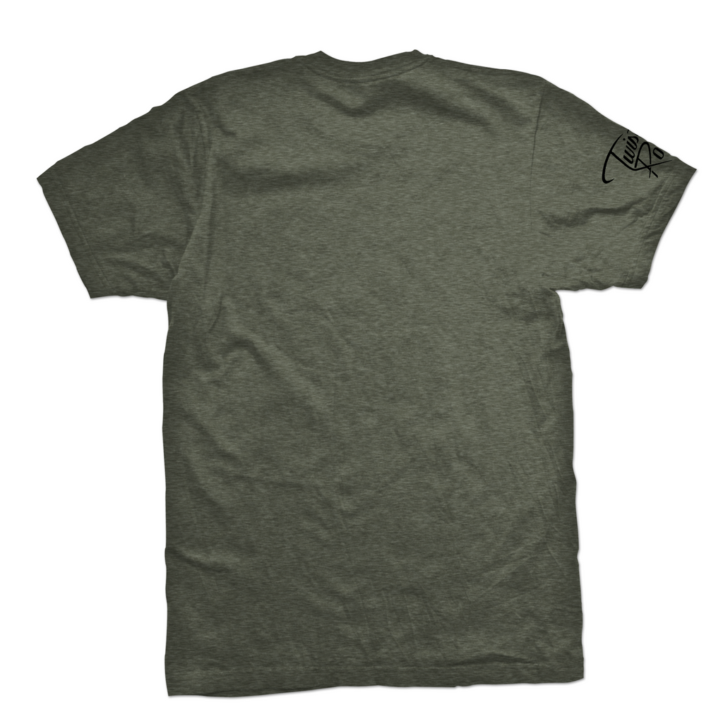 Twisted Rooster 50/50 tee Icon, black on o.d. green