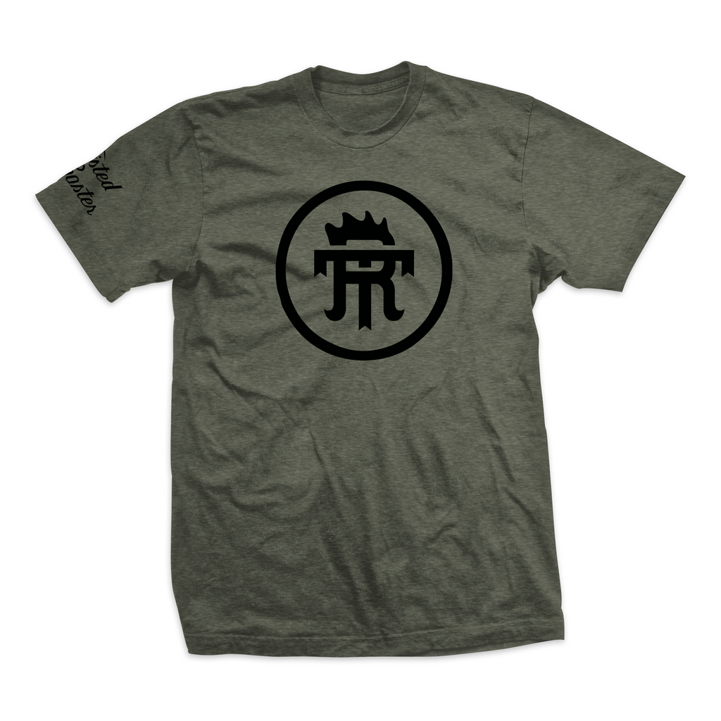Twisted Rooster 50/50 tee Icon, black on o.d. green