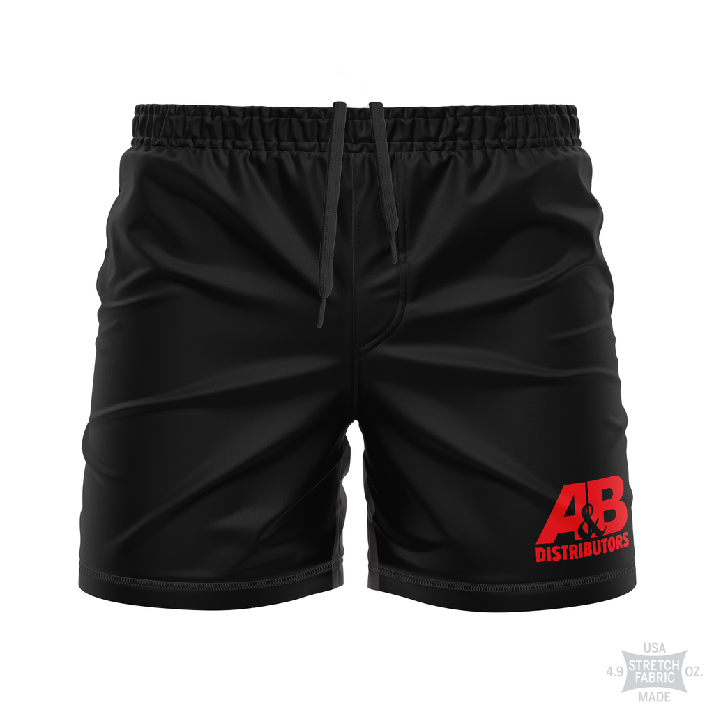 wholesale AB Distributors men's training shorts Standard Issue, red on black