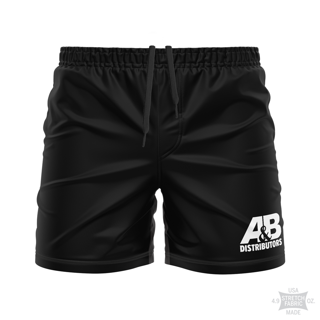 wholesale AB Distributors men's training shorts Standard Issue, white on black