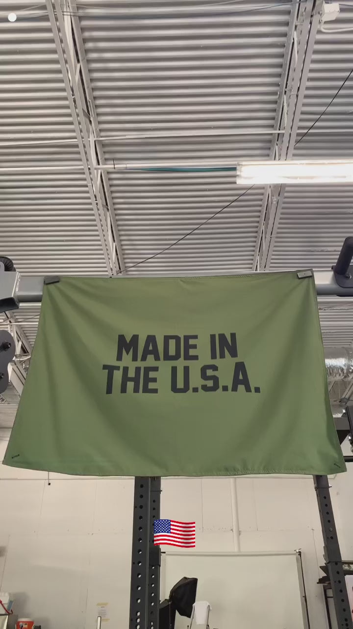 Made In The U.S.A. garage banner, o.d. green