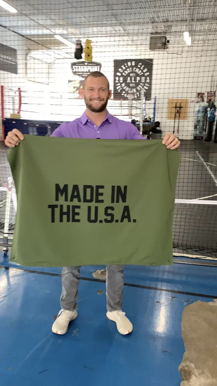 Made In The U.S.A. garage banner, o.d. green