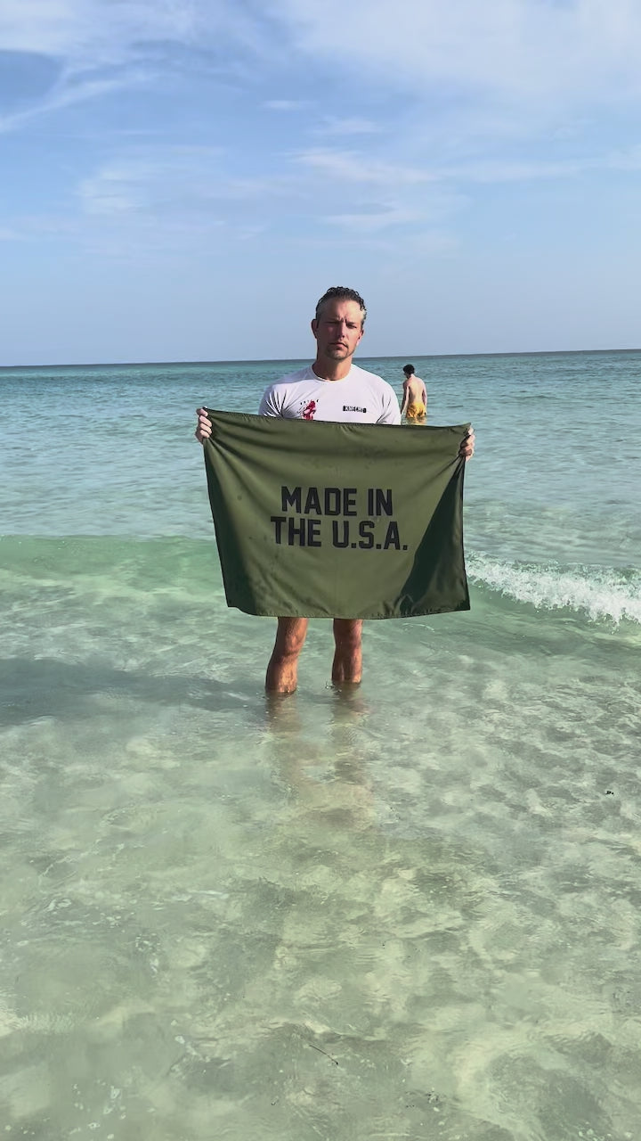 Made In The U.S.A. garage banner, o.d. green