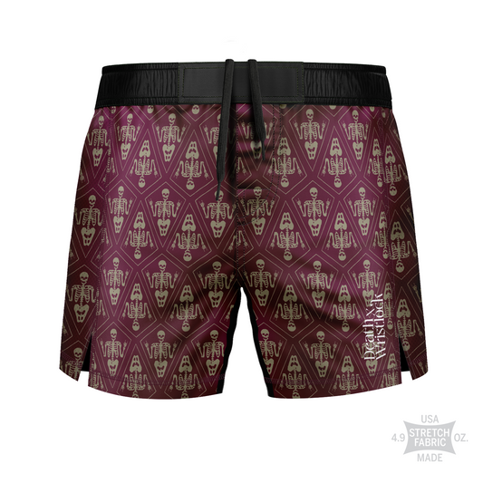 Death by Wristlock: Catacombs men's fight shorts, maroon